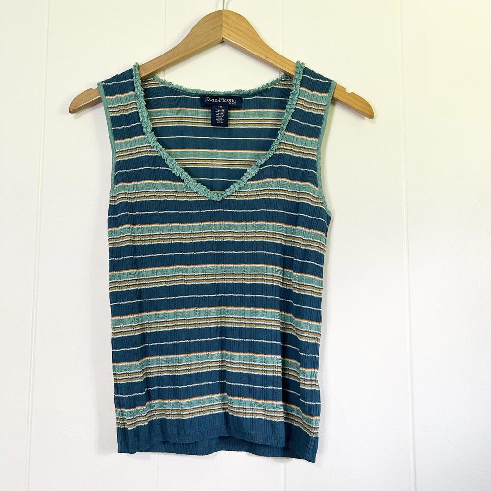 Vintage Evan Picone Striped Ruffle Trim Sleeveless Top Women's Petite Medium